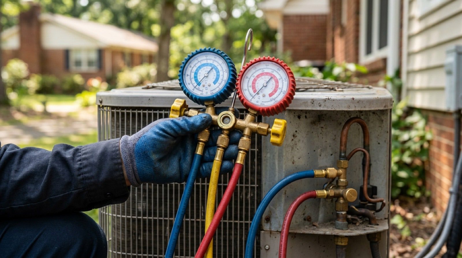 Refrigerant pressure gauges on an HVAC diagnostic in Richardson, Texas